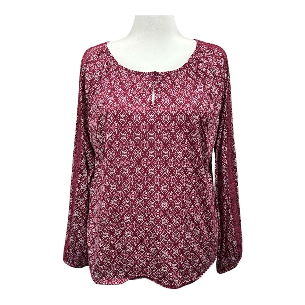 St Johns Bay Crochet Long Sleeve V Neck Geometric Blouse Sz XL